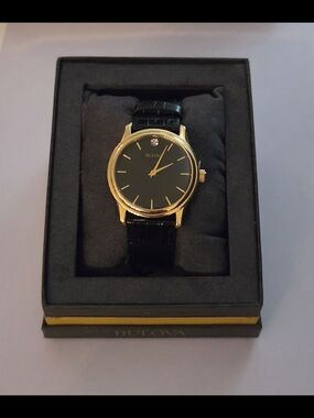 Bulova Men's Diamond Accent Dress Watch Gold-Tone Black Dial 38mm With Case
